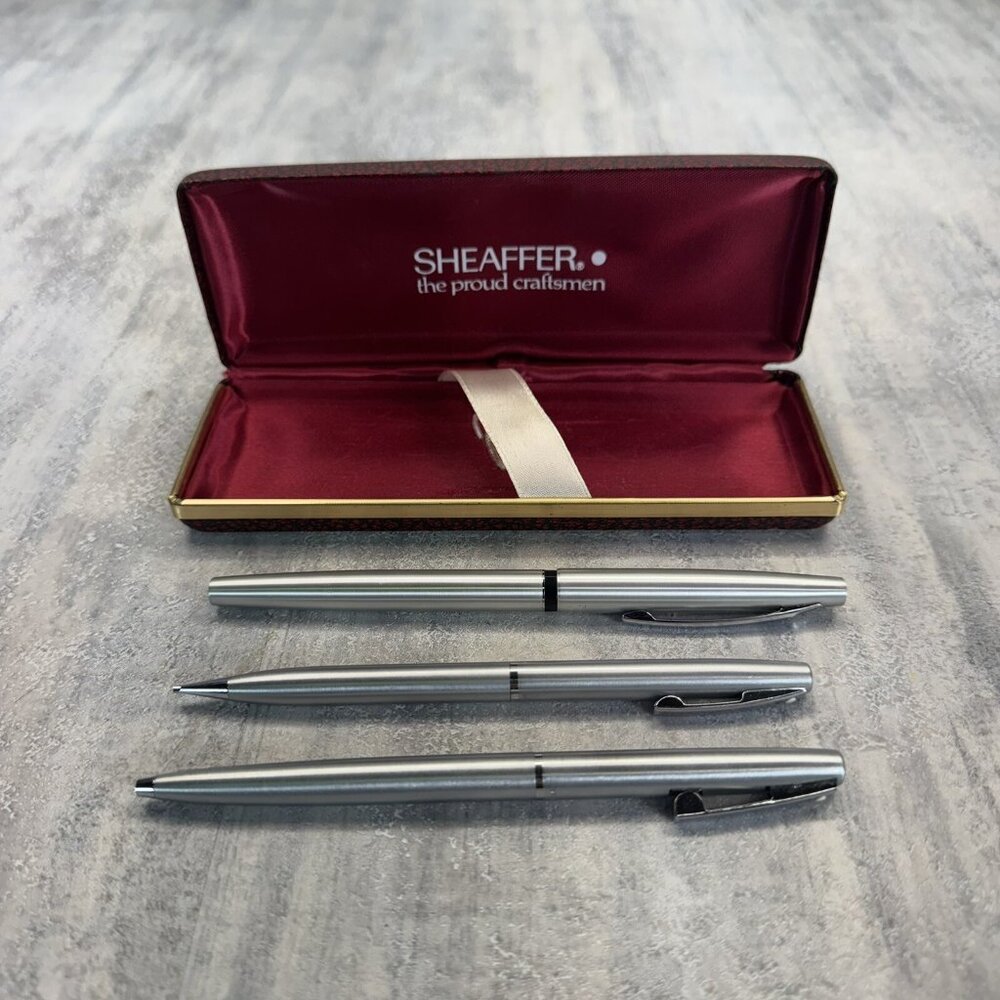 Pentel Sheaffer Stainless Steel Ballpoint Pen and Mechanical Pencil Set w/ Box